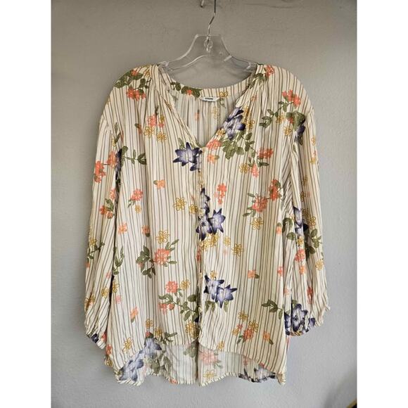 Sonoma Women's Plus Size Blouse - Floral Stripe Long Sleeve - Estimated 2X/3X - Picture 1 of 6